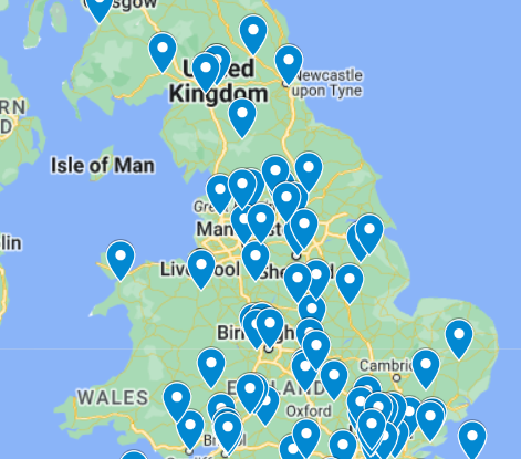 Map of the UK showing WashPod customers across the country