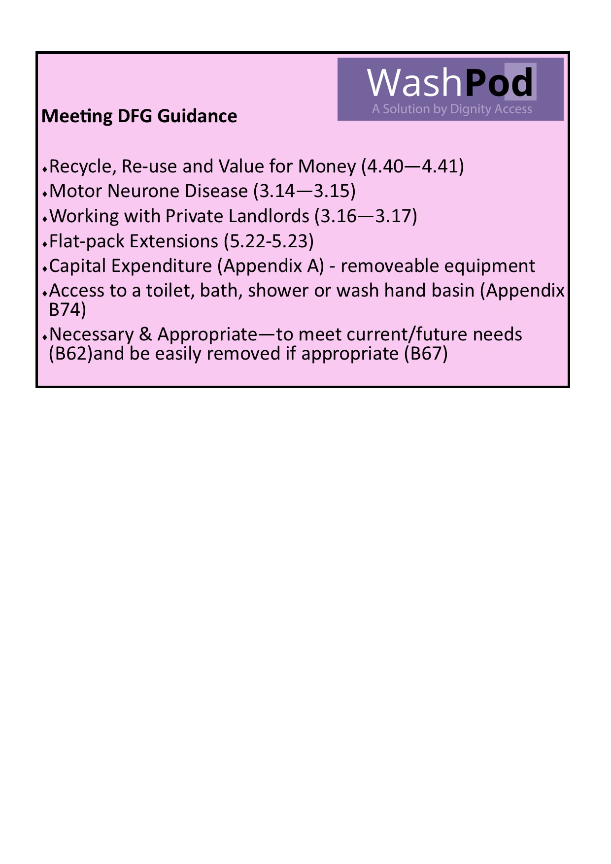Table showing the points of the DFG Guidance that are met with a WashPod Temporary Disabled Wetroom